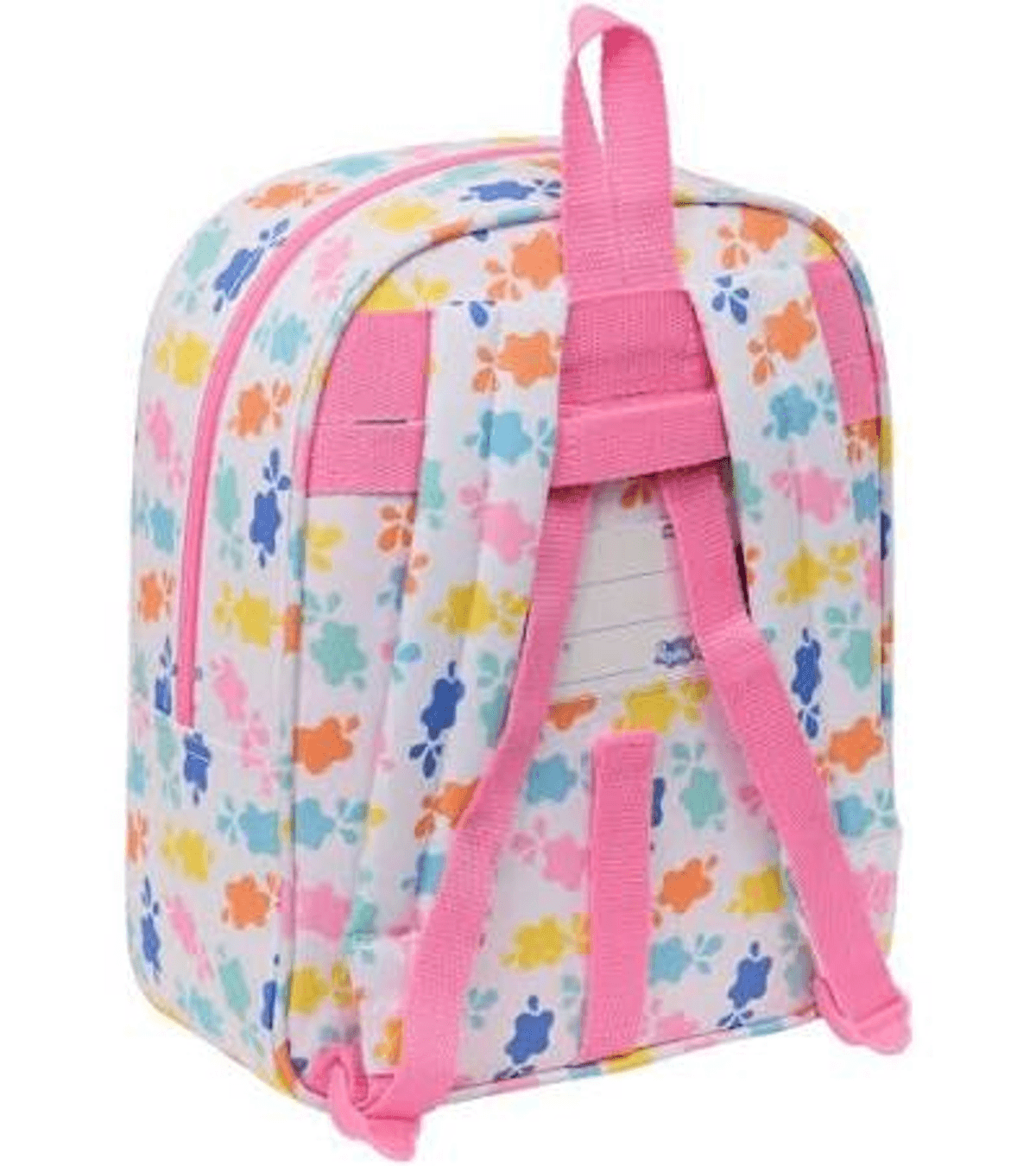 Una mochila blanca con huellas de patas coloridas y correas rosas.