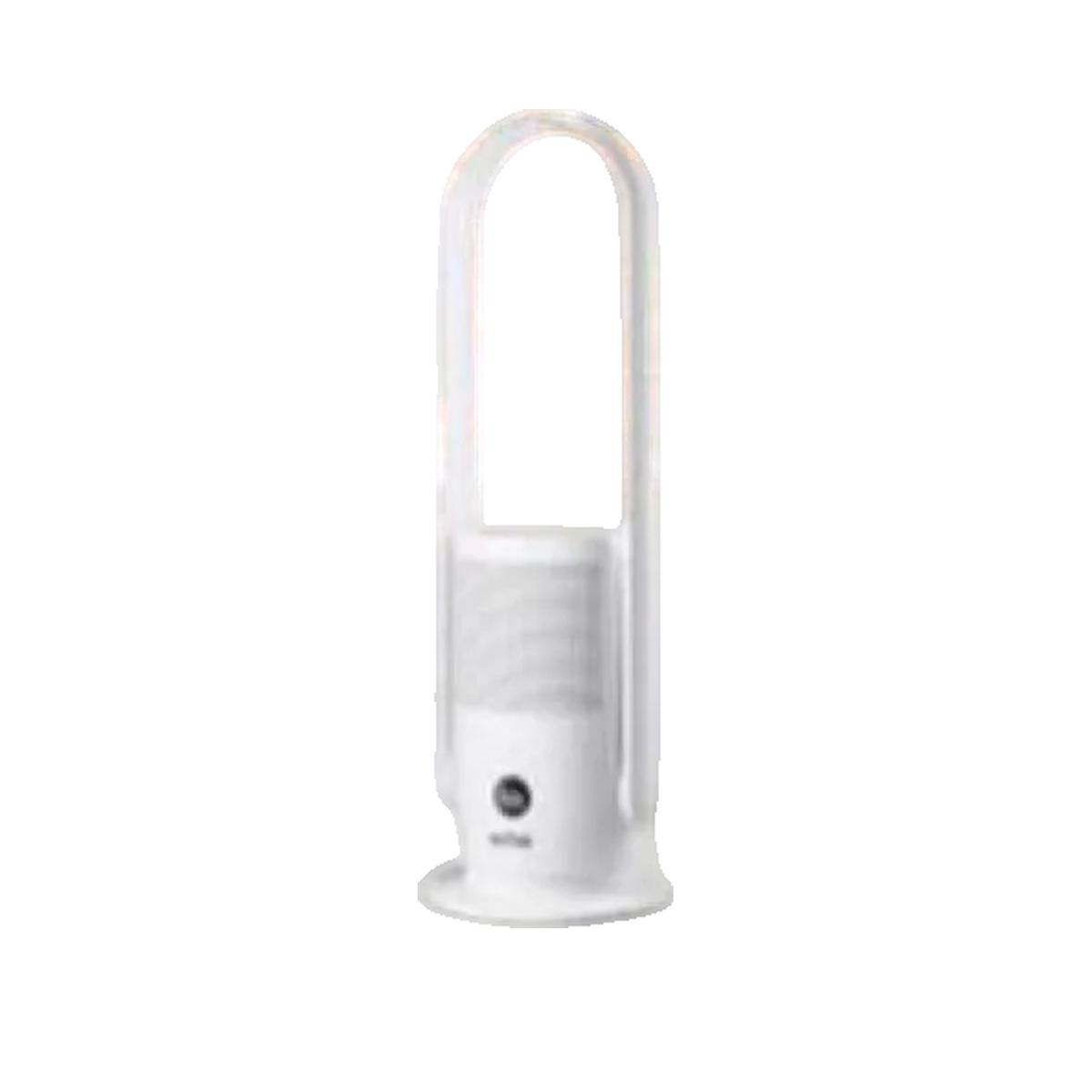 Un ventilador de torre blanco con asa curva y rejilla de altavoz.