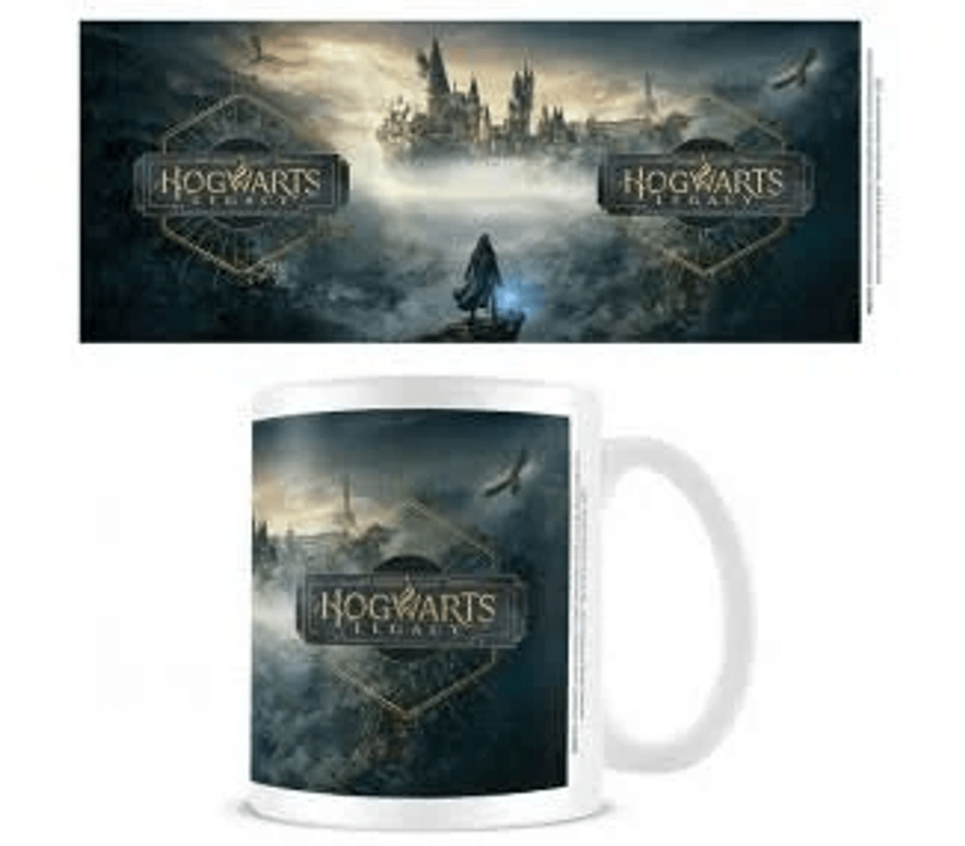 Logo de Hogwarts Legacy sobre fondo oscuro y brumoso con figura y castillo.