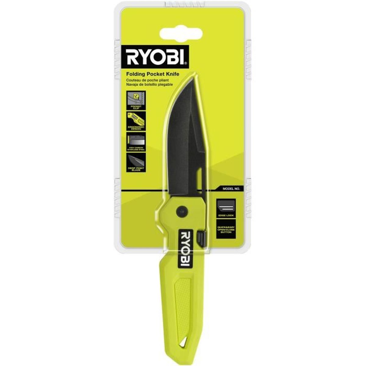 Un cuchillo de bolsillo plegable Ryobi en su empaque amarillo con características.
