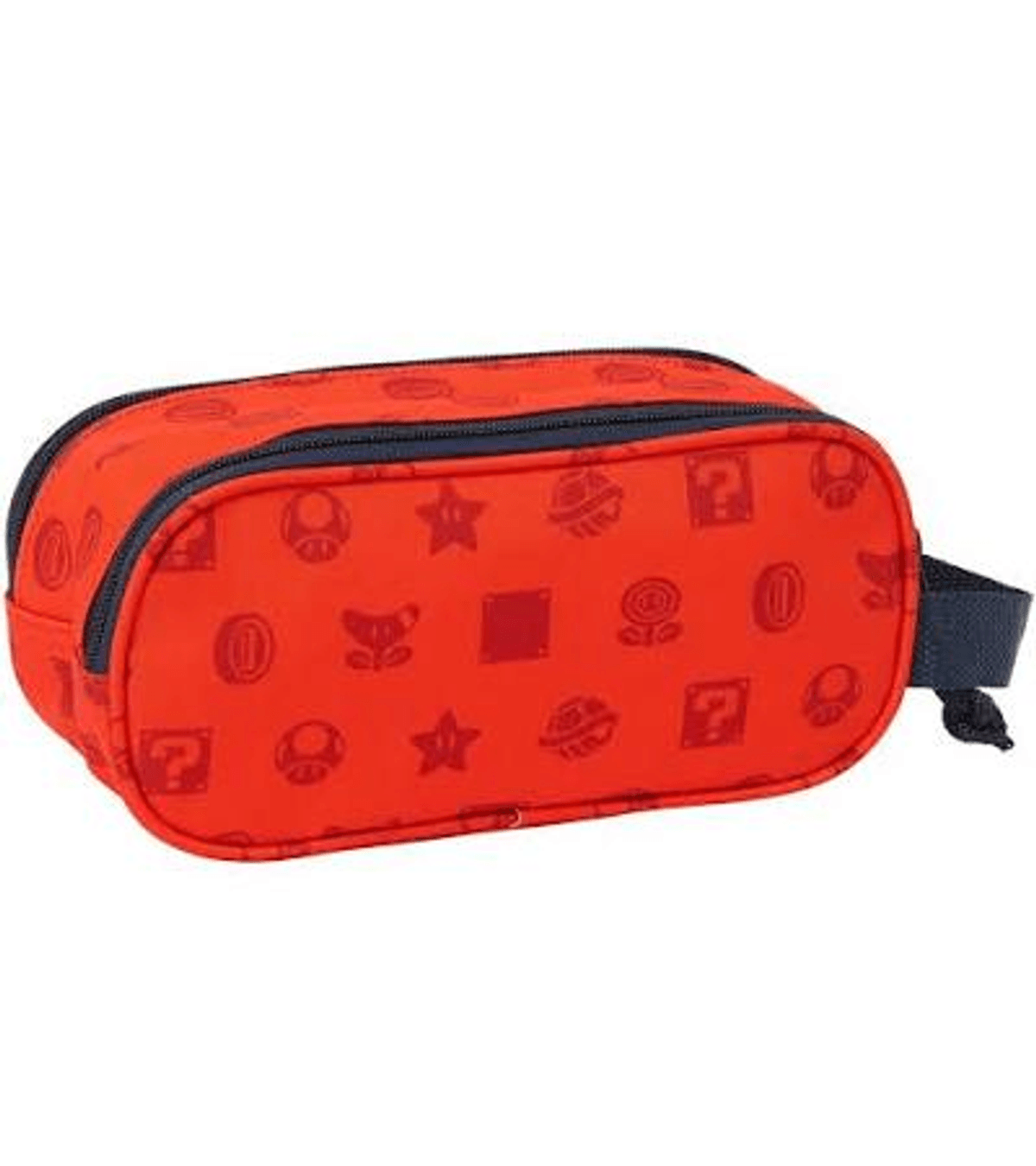Un neceser rojo con cremallera oscura y estampado de símbolos de Super Mario.