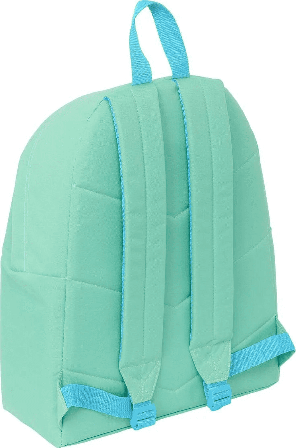 Mochila verde menta con correas y detalles azules, vista desde atrás.
