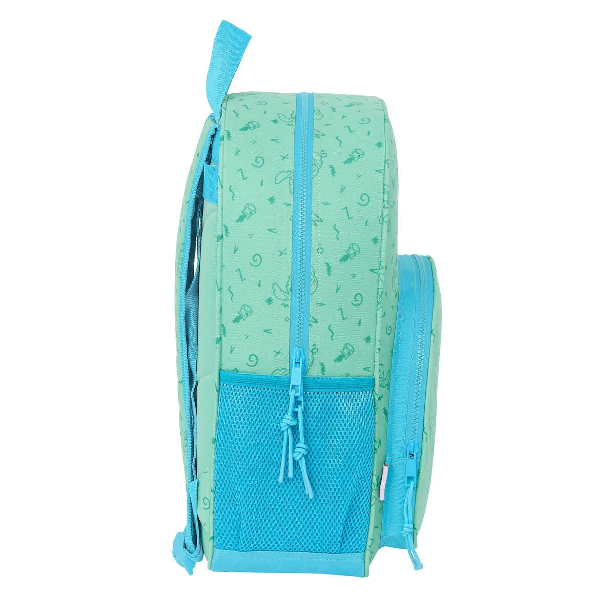 Una mochila verde claro con malla azul y cremalleras.