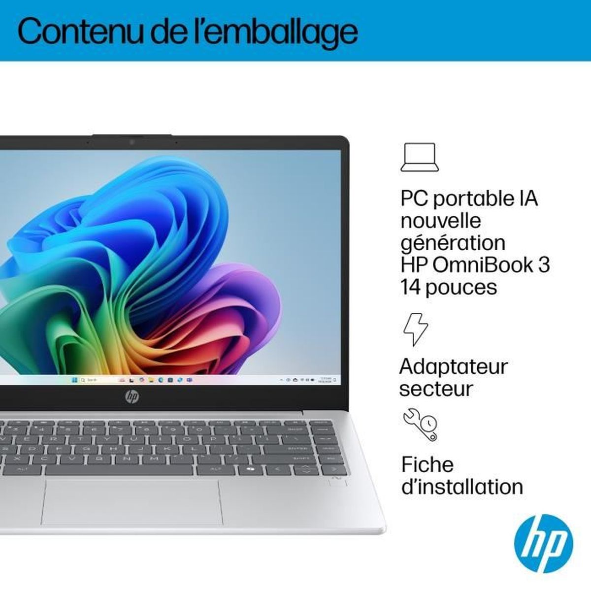 Ordinateur portable HP OmniBook 3, adaptateur secteur et guide d'installation sur fond blanc.