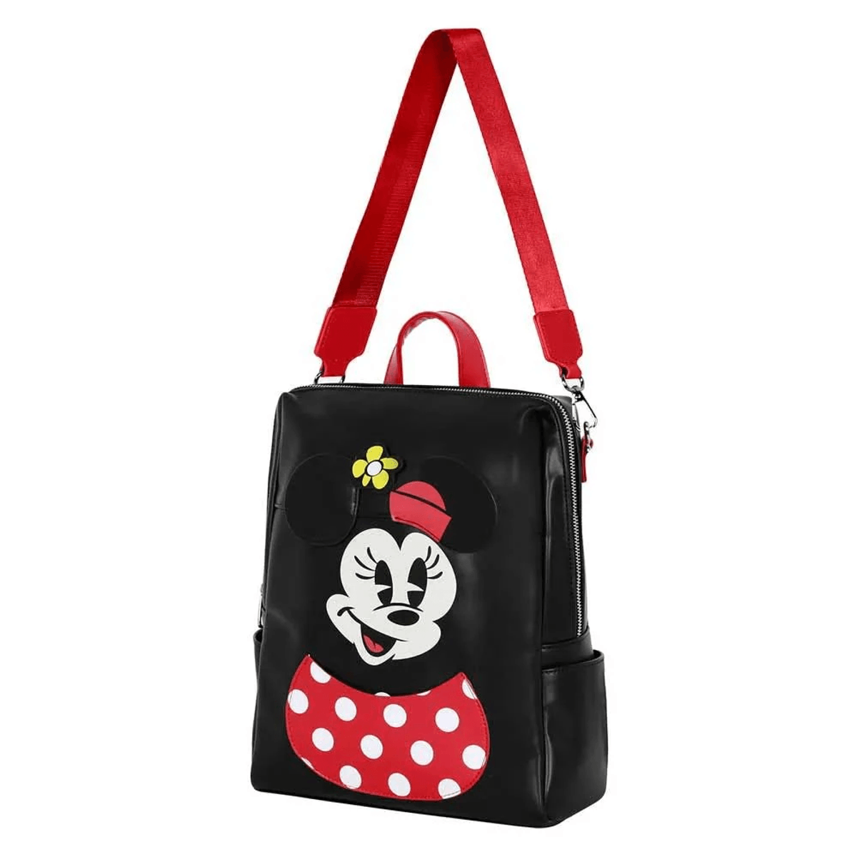 Schwarzer Rucksack mit Minnie-Maus-Motiv, rotem Gurt und Tupfen.
