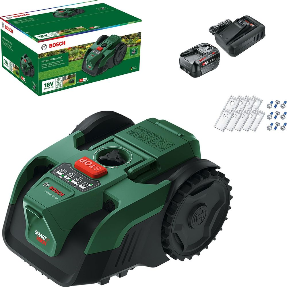 Grüner Bosch Mähroboter mit Ladegerät, Akku und Befestigungsmaterial.
