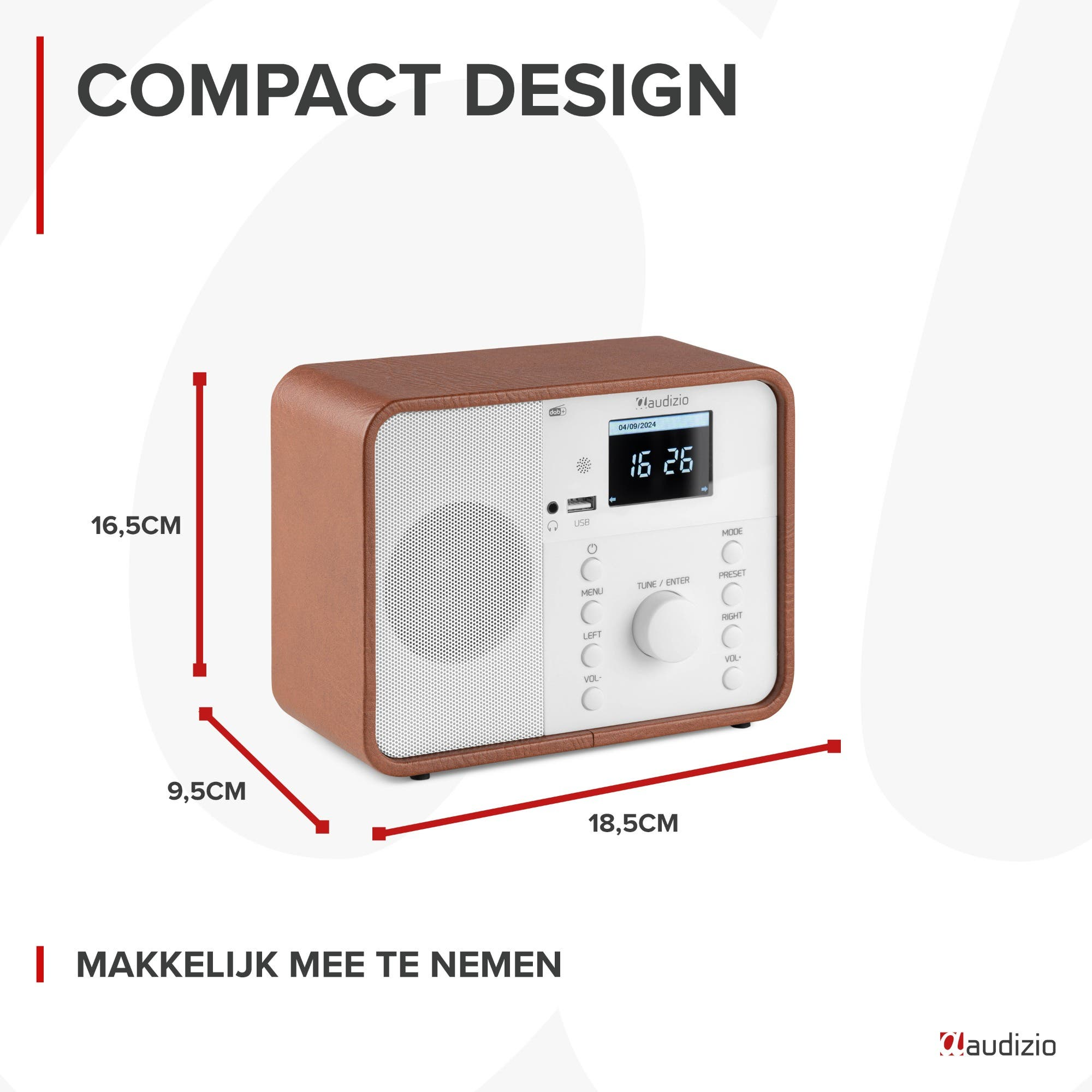 Radio marrón compacta con pantalla, altavoz y controles. Dimensiones mostradas.