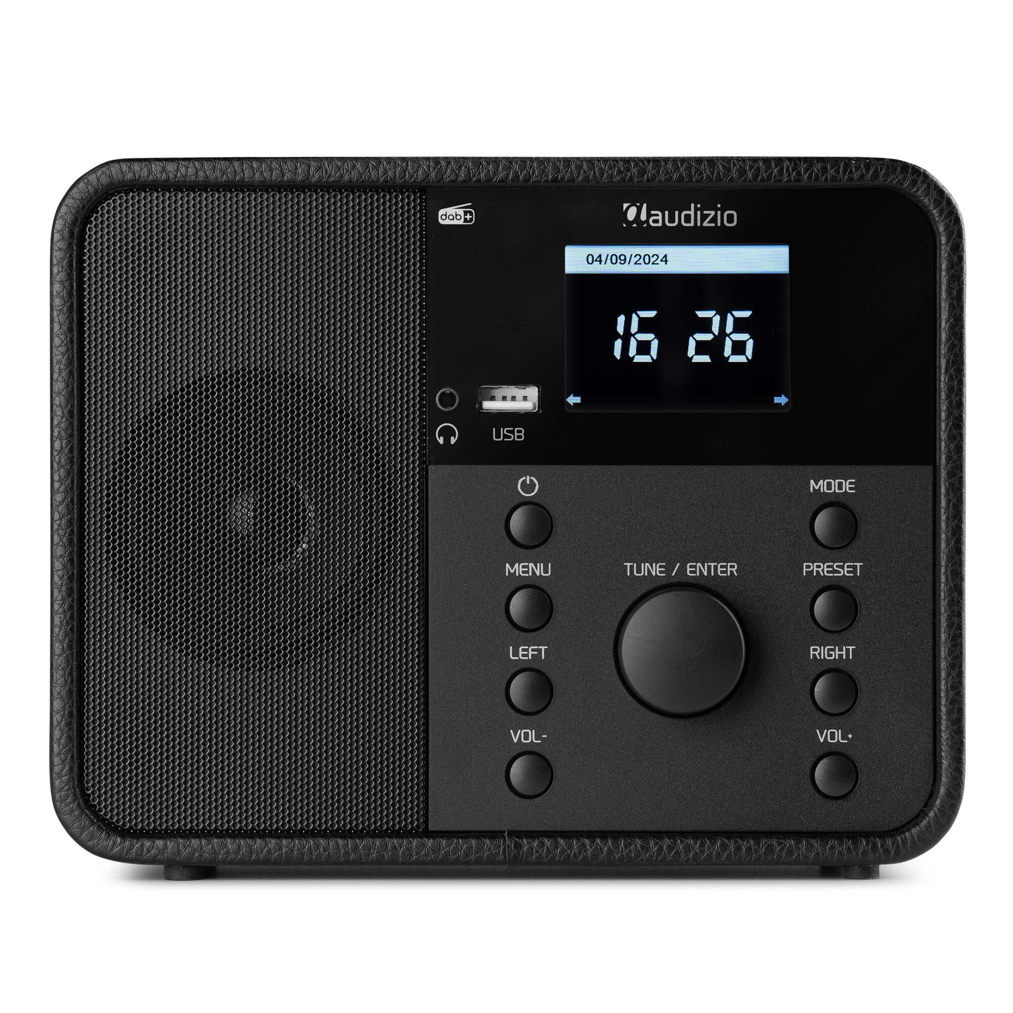 Ein schwarzer DAB+ Radio mit digitaler Anzeige von Datum und Uhrzeit.