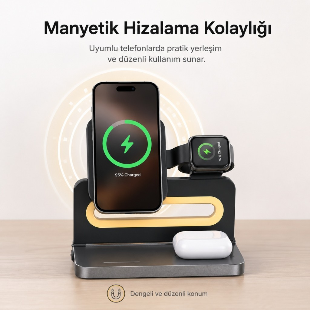 iPhone, Apple Watch ve AirPods için şarj standı. iPhone %95, saat %97 şarjlı.