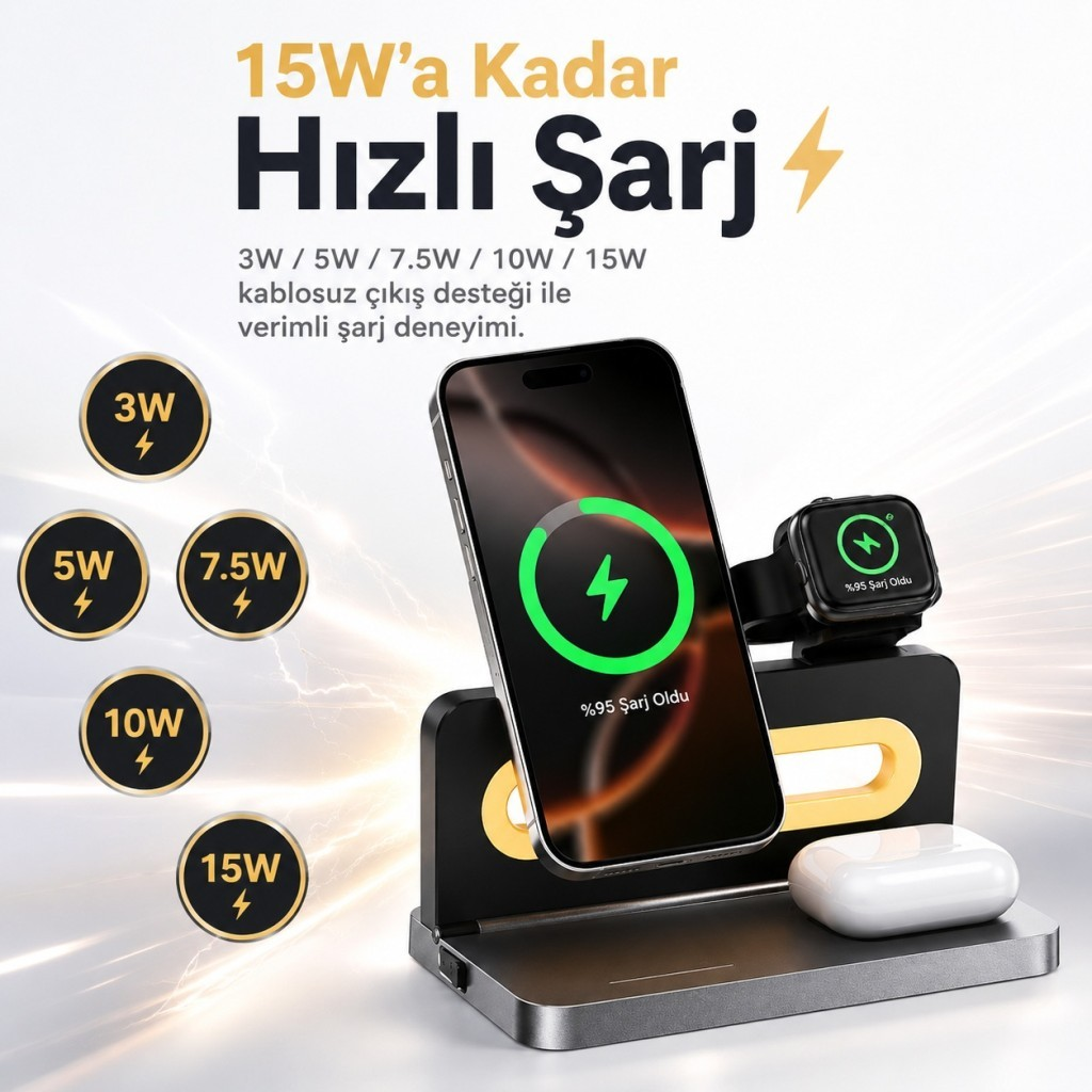iPhone, saat ve kulaklık için 15W hızlı şarj istasyonu.