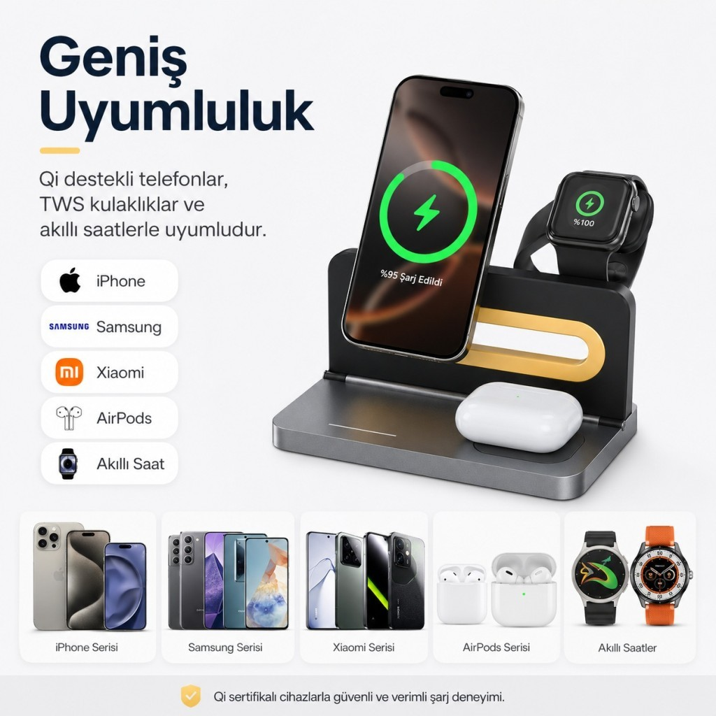 iPhone, Samsung, Xiaomi, AirPods ve saatler için şarj istasyonu.