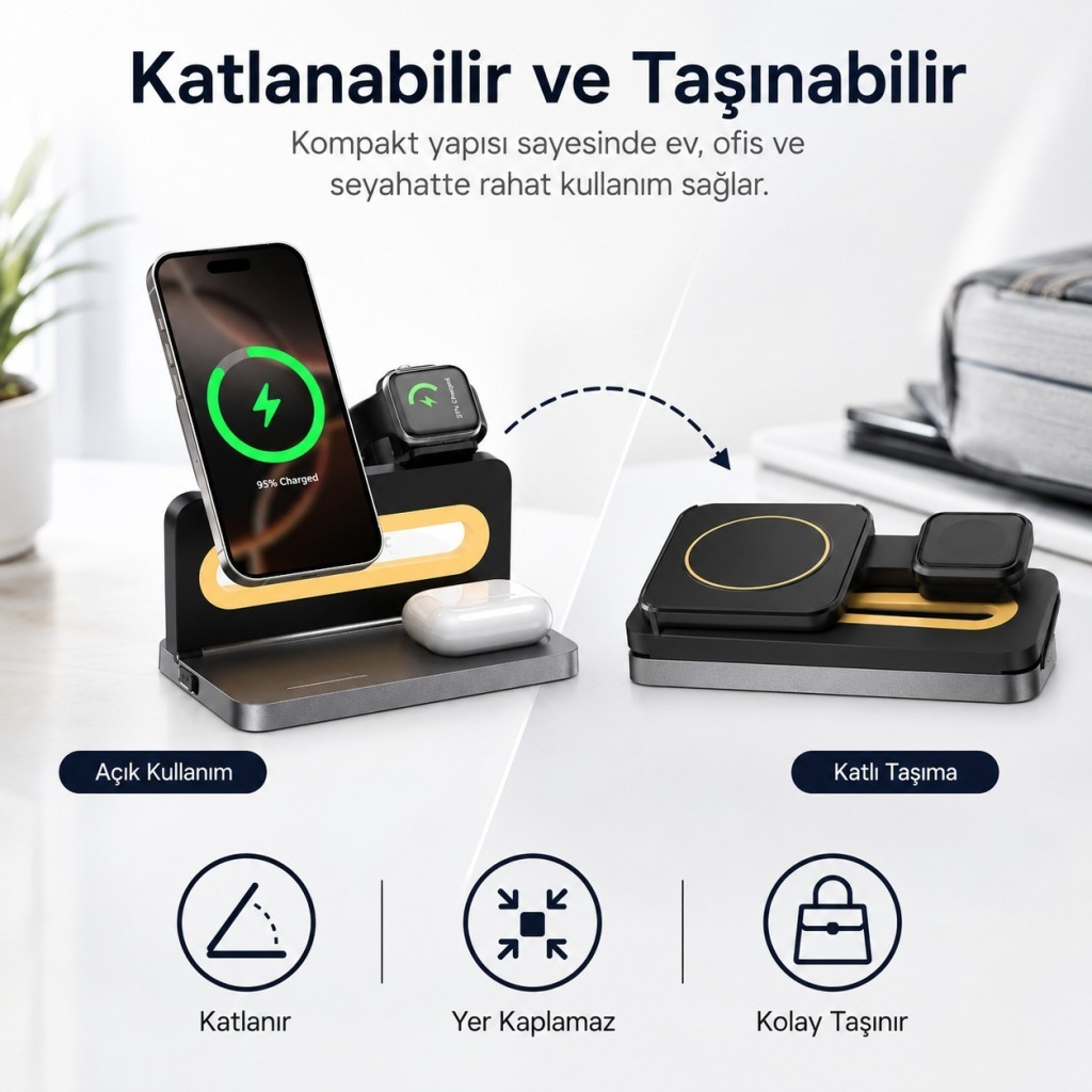 Telefon, saat ve kulaklık için katlanabilir şarj cihazı, açık ve katlanmış halde.