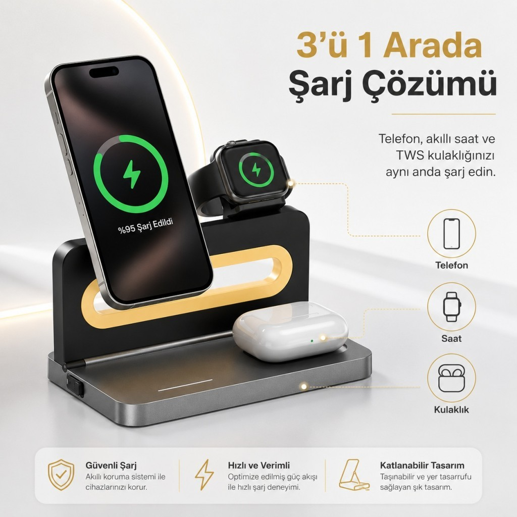 iPhone, akıllı saat ve AirPods için şarj alanlarına sahip 3'ü 1 arada şarj cihazı.