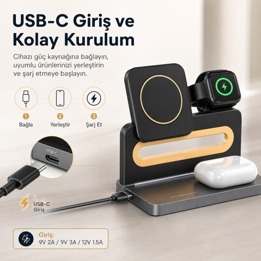USB-C girişli siyah telefon, saat ve kulaklık şarj istasyonu.