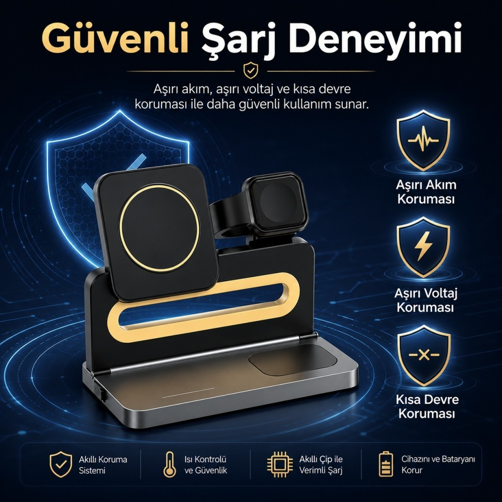 Telefon ve saat için altın vurgulu siyah şarj istasyonu, koruma simgeleriyle.