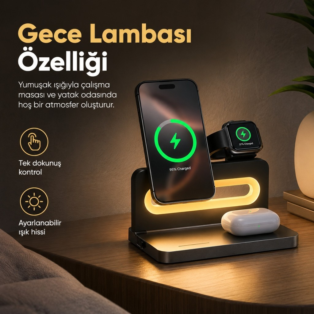 Akıllı telefon, akıllı saat ve kulaklık içeren şarj istasyonu, sıcak ışıkla aydınlatılmış.