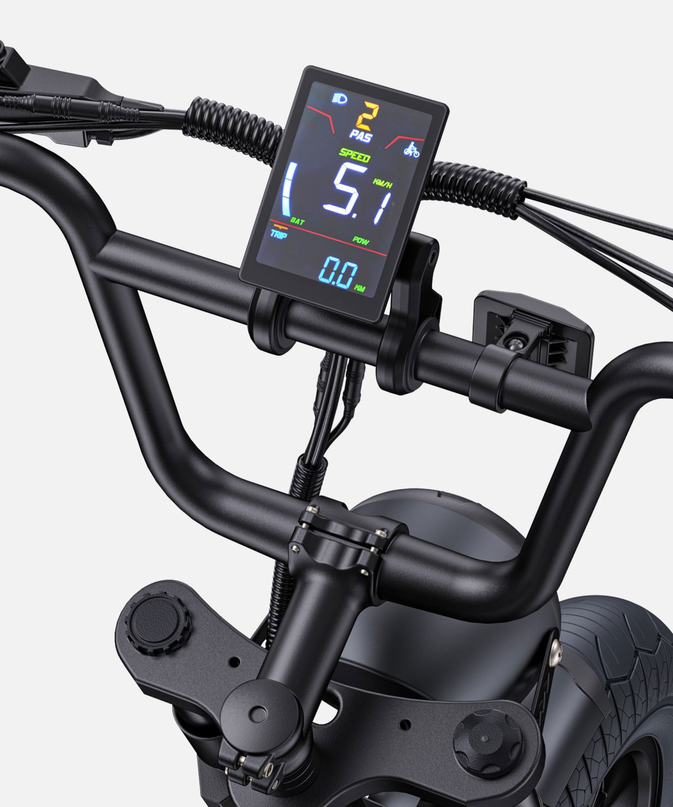 Manillar de e-bike negro con pantalla digital que muestra 5,1 km/h.