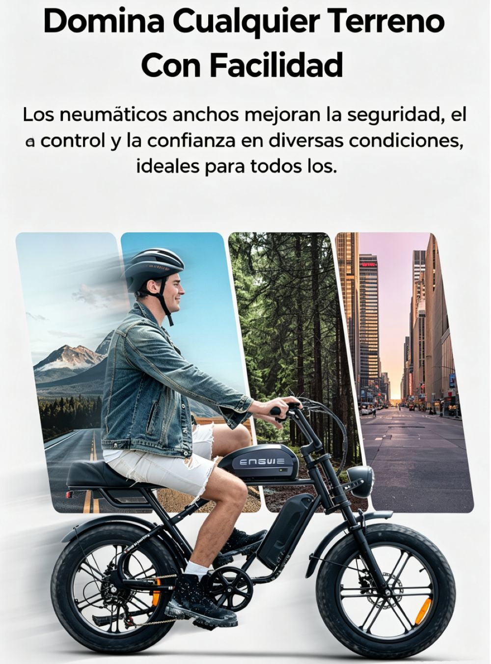 Hombre en e-bike en paisajes variados: montañas, bosque, ciudad.