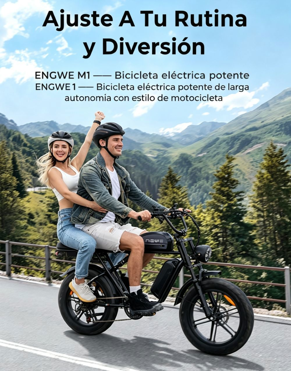 Una pareja monta en bicicleta eléctrica negra en las montañas. Mujer delante, hombre detrás.