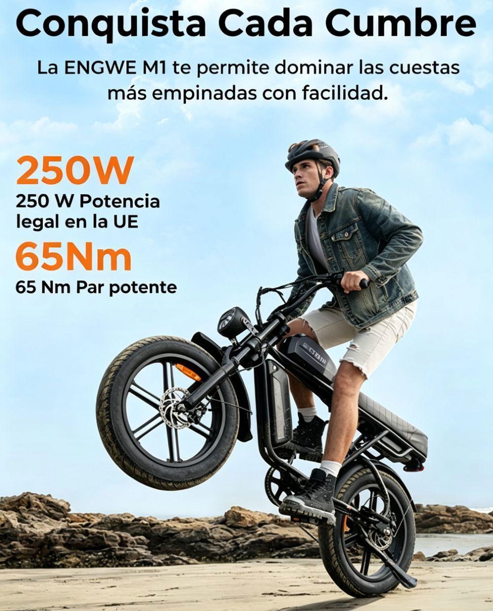 Hombre en bicicleta eléctrica 250W/65Nm en pendiente exterior.