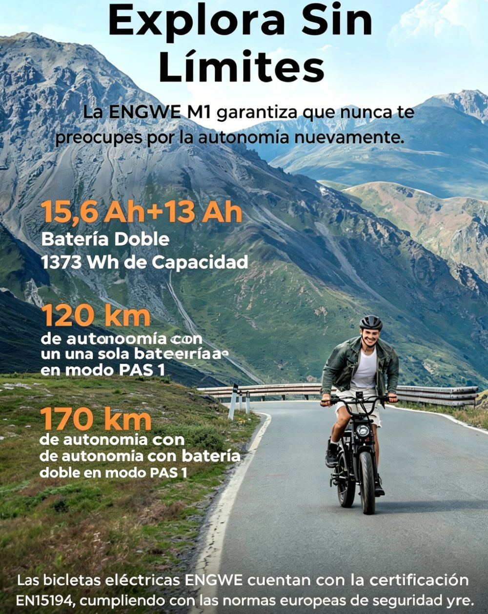 Hombre en E-bike en paisaje de montaña. Texto sobre autonomía y batería.