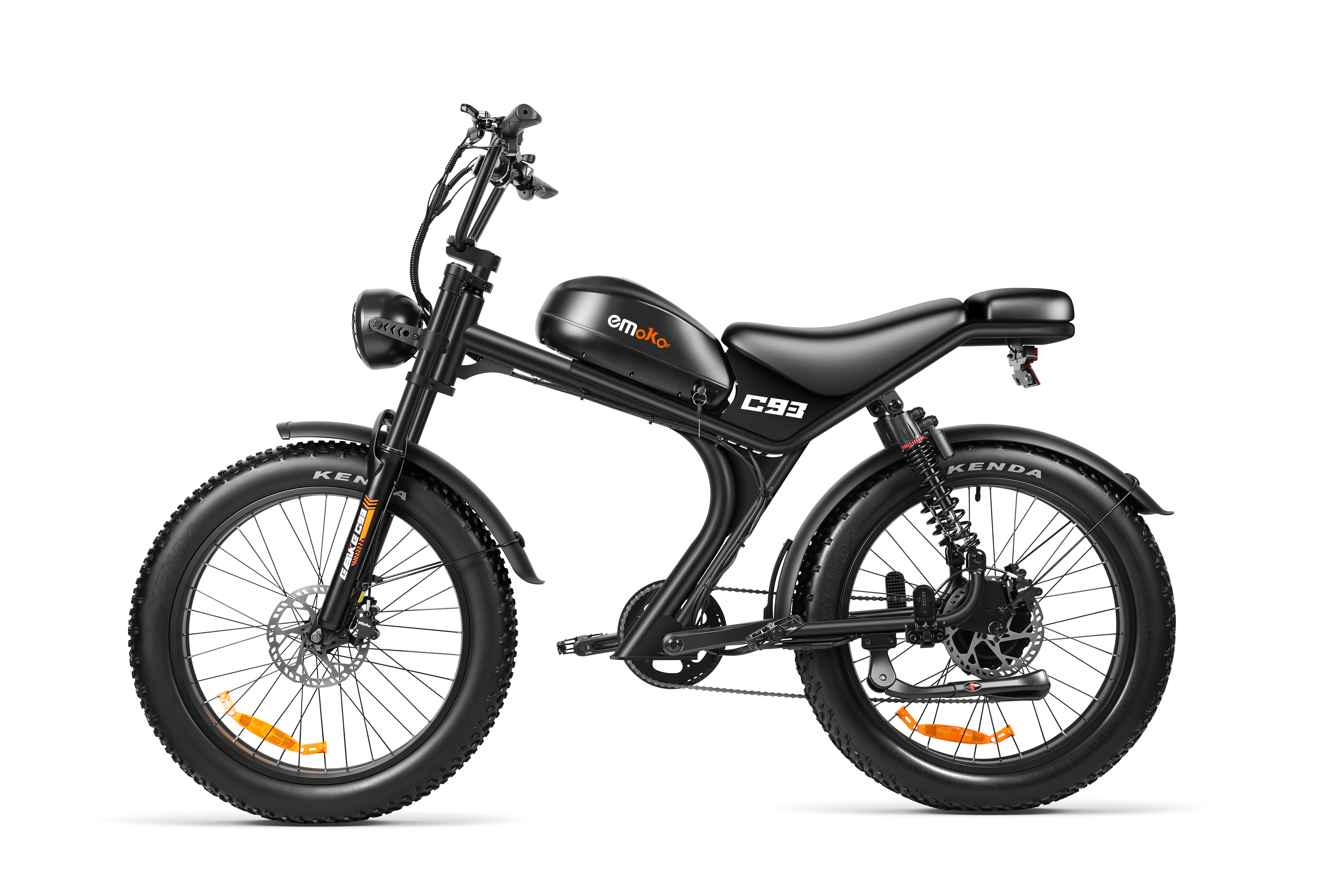 Una bicicleta eléctrica negra con neumáticos anchos, suspensión y un faro redondo.