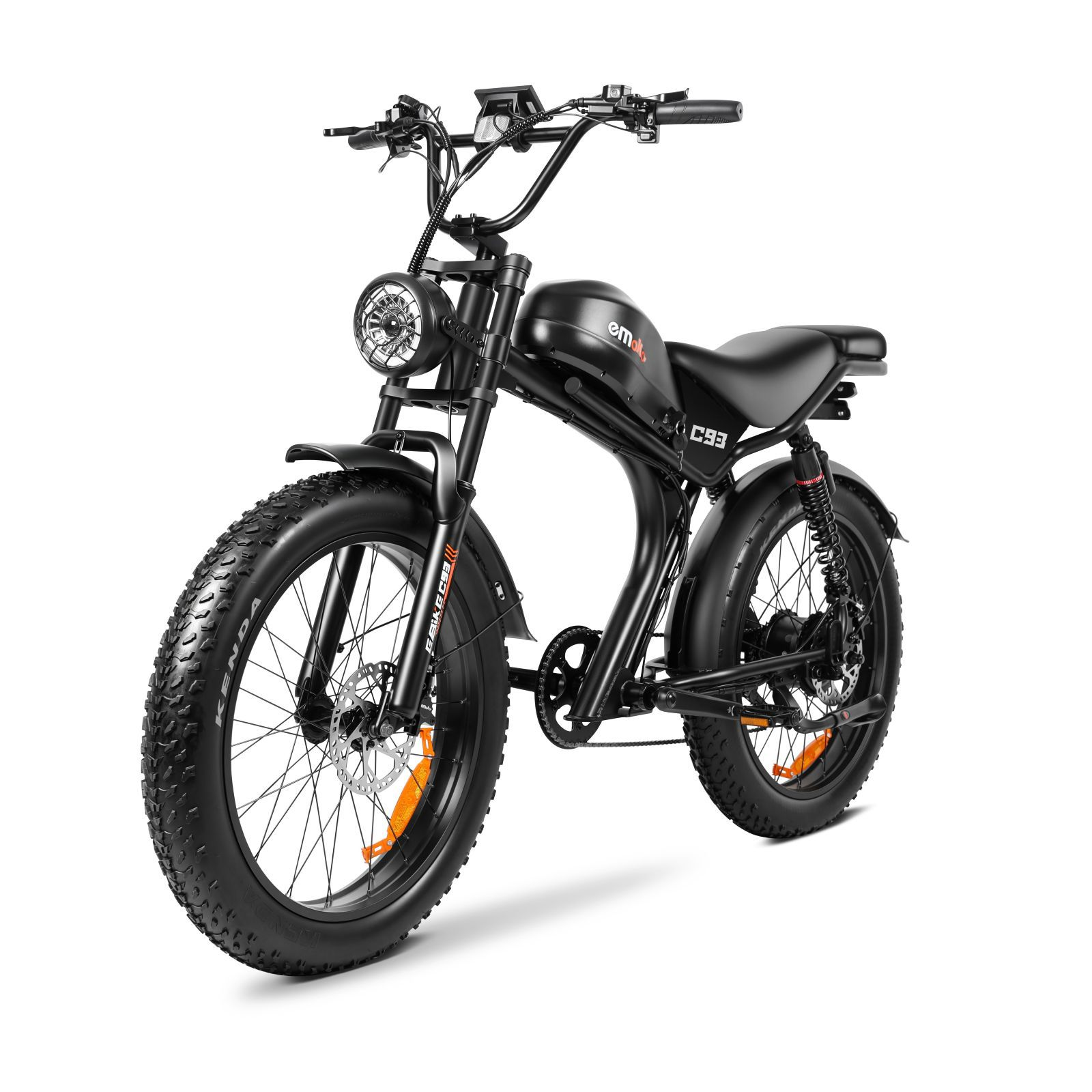 Una bicicleta eléctrica negra con neumáticos anchos, faro retro y suspensión.