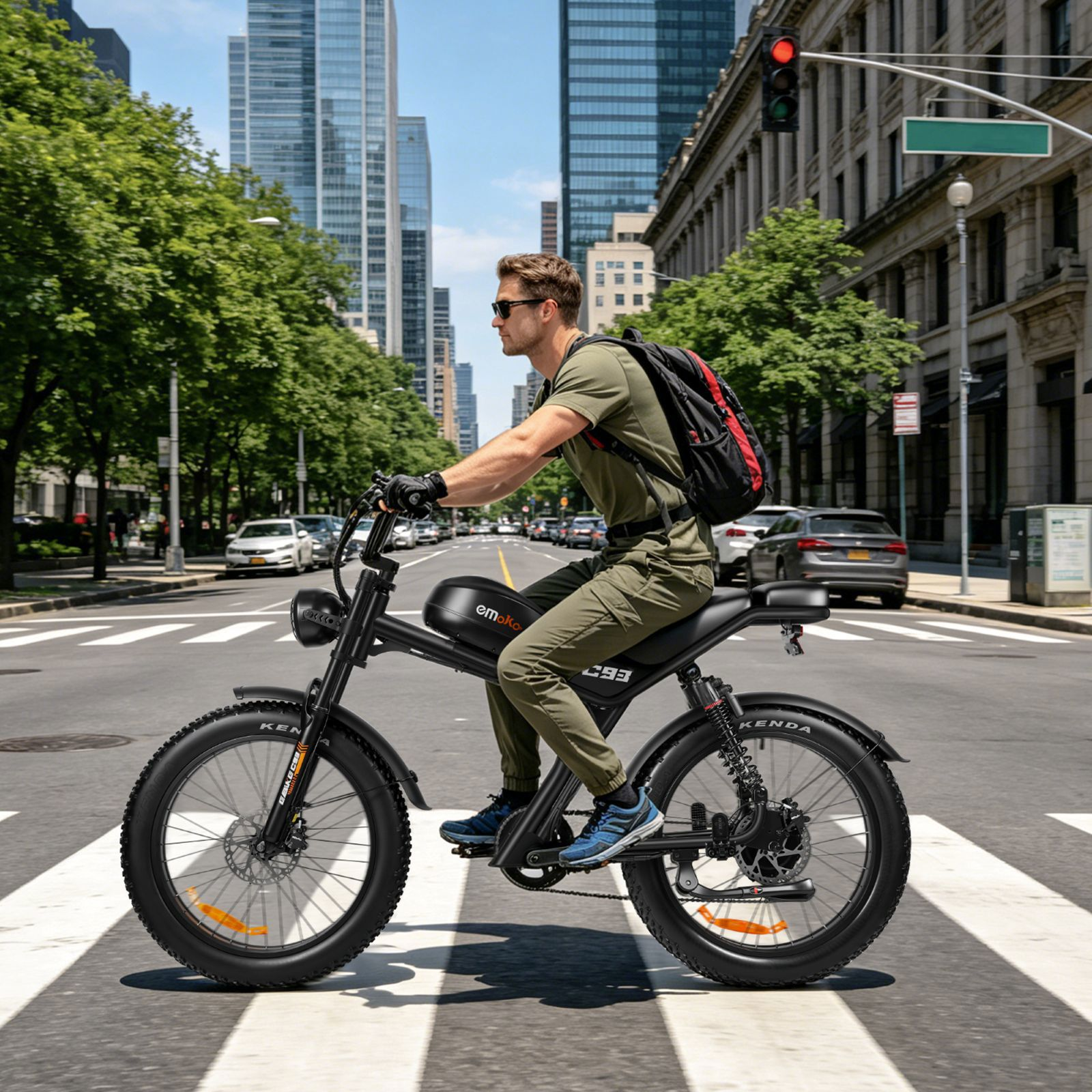 Un hombre monta una bicicleta eléctrica negra cruzando una calle de ciudad con edificios altos.