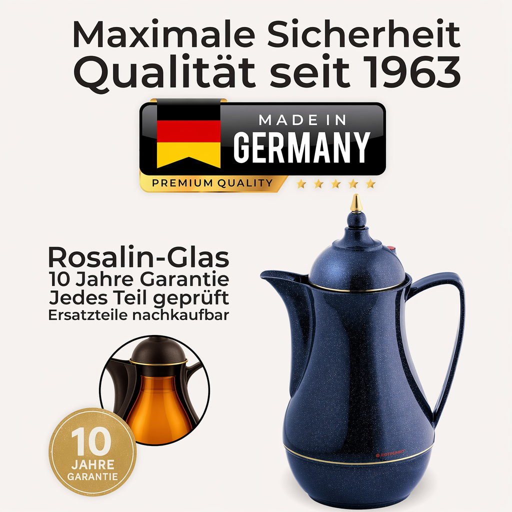 Dunkelblauer Thermos-Krug mit Goldakzenten, "Made in Germany" Siegel und 10 Jahre Garantie.