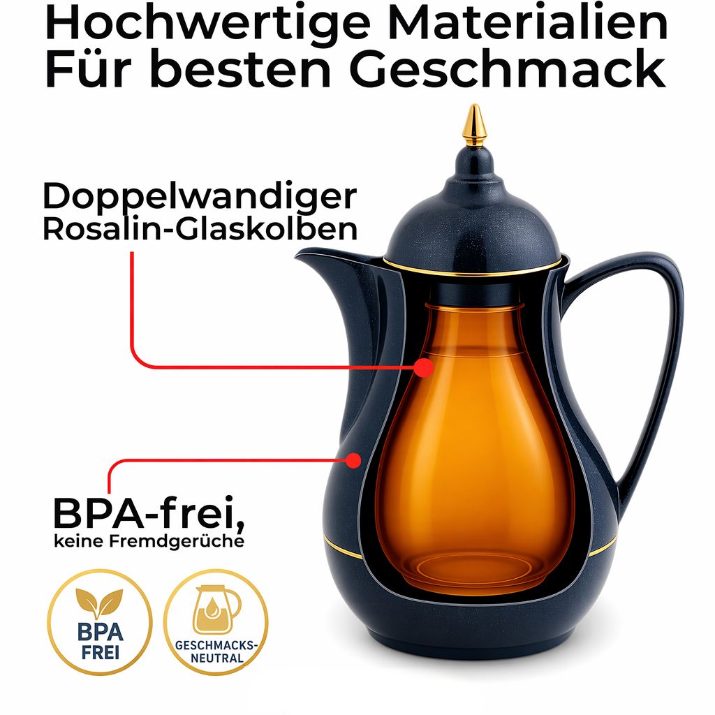 Ein dunkler Thermosbehälter mit einem inneren Glasbehälter für Getränke.