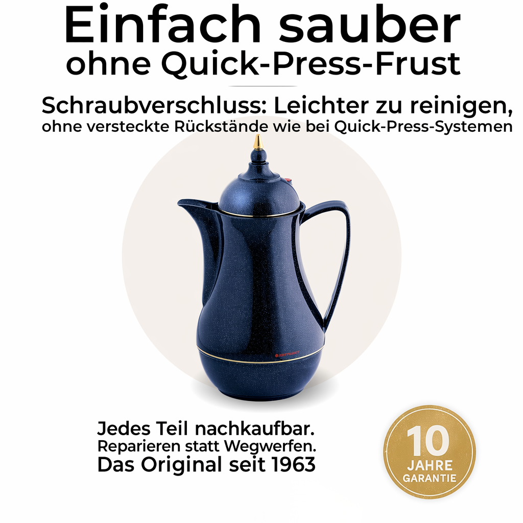Dunkelblauer Thermos-Kaffee-Server mit Schraubverschluss, Goldrand und 10 Jahre Garantie.