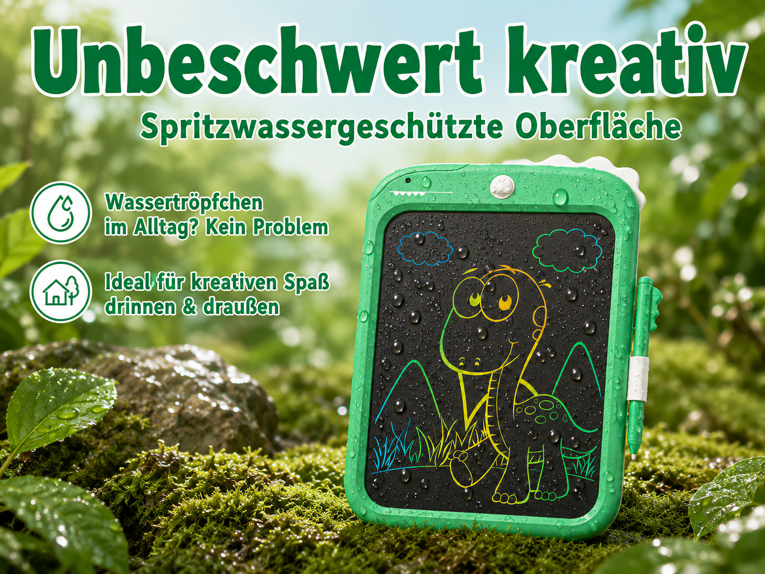 Grüne Tafel mit Dino-Zeichnung, von Regentropfen bedeckt, auf Moos.