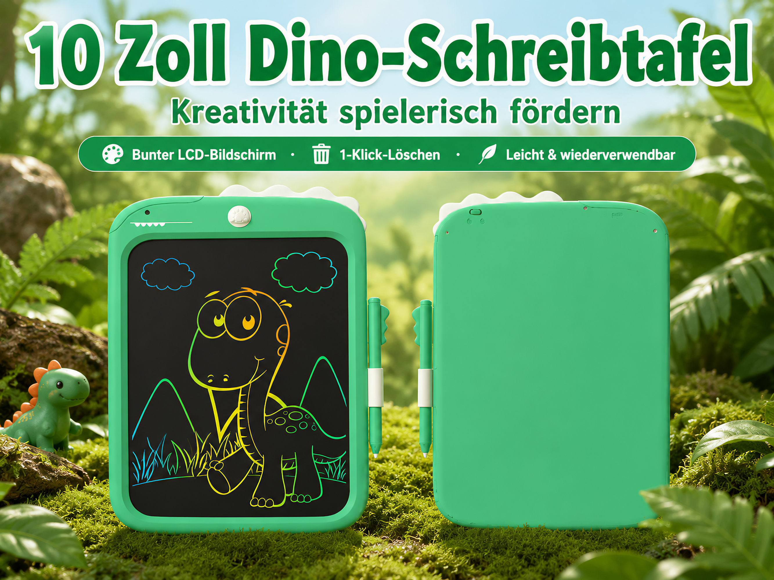 Grüne Dino-Schreibtafel mit bunter Dinosaurierzeichnung. Draußen auf Moos.