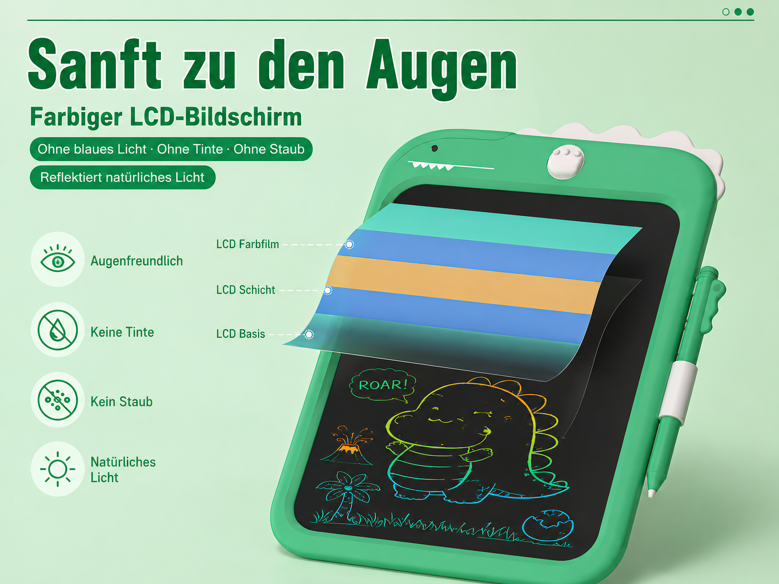 Grünes Dinosaurier-LCD-Schreibtablett mit Zeichnung eines Dinosauriers und Vulkan.