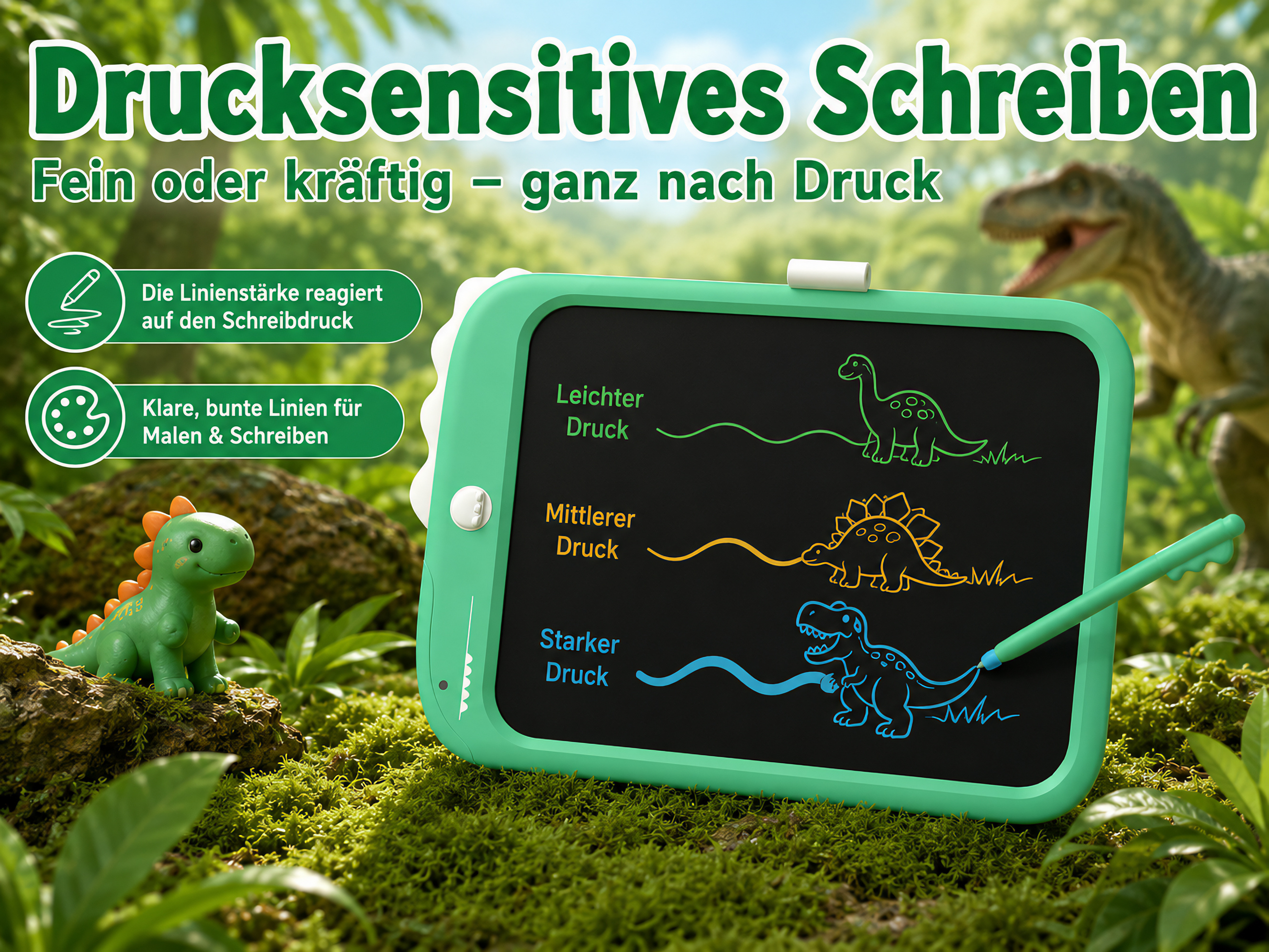 Ein grünes Schreibtablett mit Dinosauriern und Text zu drucksensiblem Schreiben.