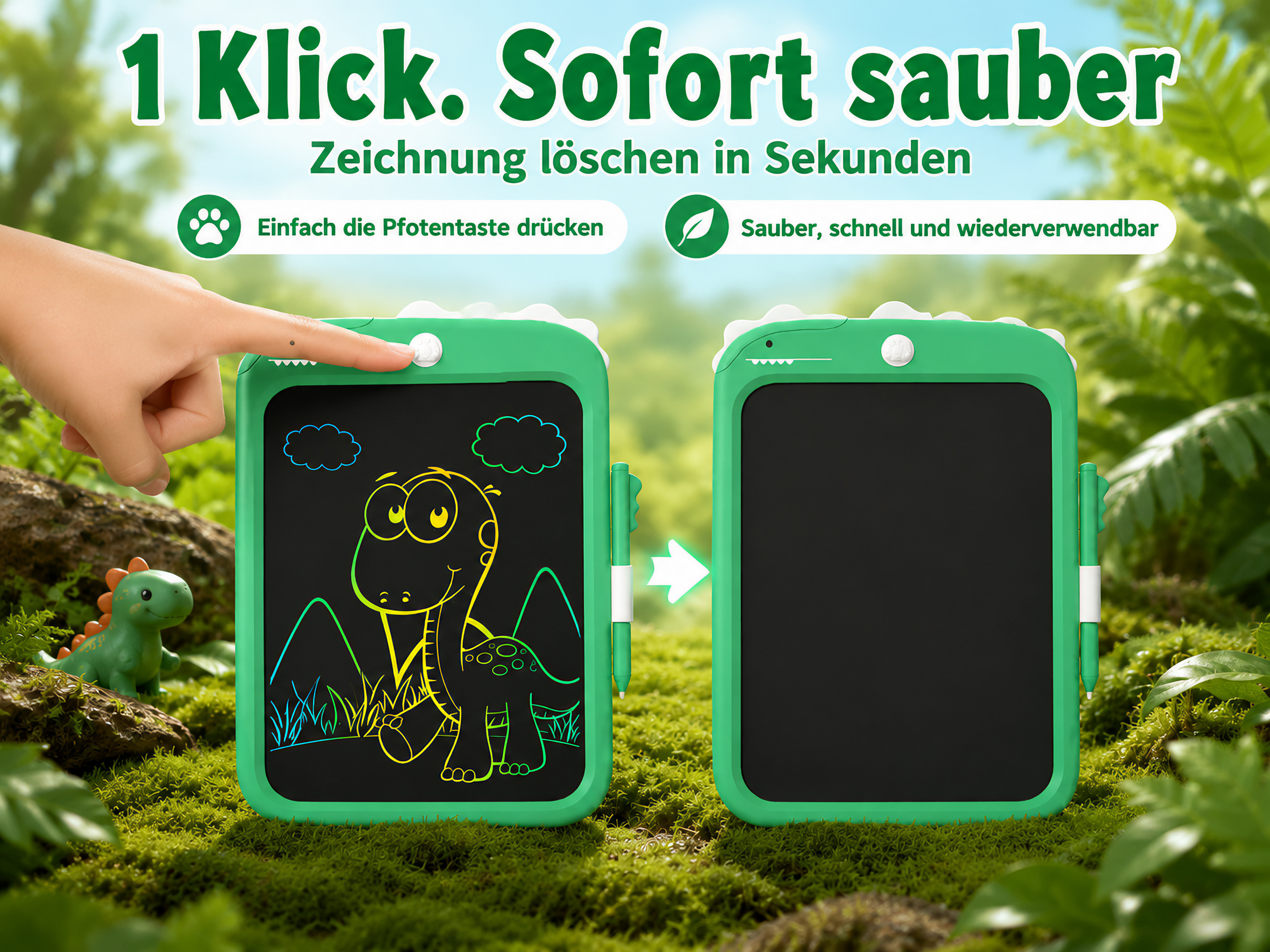 Ein grünes Dinosaurier-Zeichenbrett mit einem Dino-Bild, das gelöscht wird.