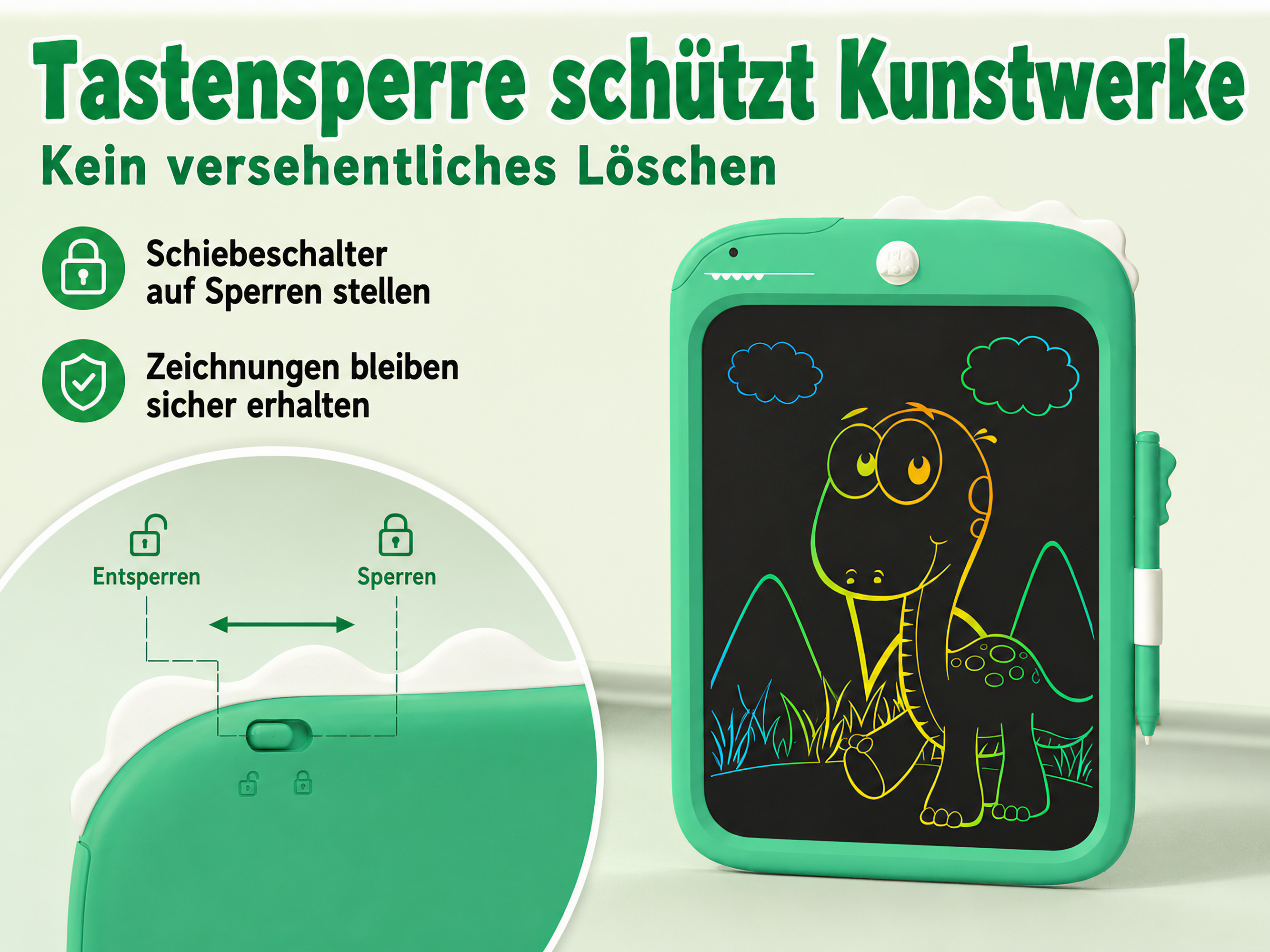 Grünes LCD-Schreibtablett mit Dinosaurierzeichnung. Zeigt Tastensperrfunktion.