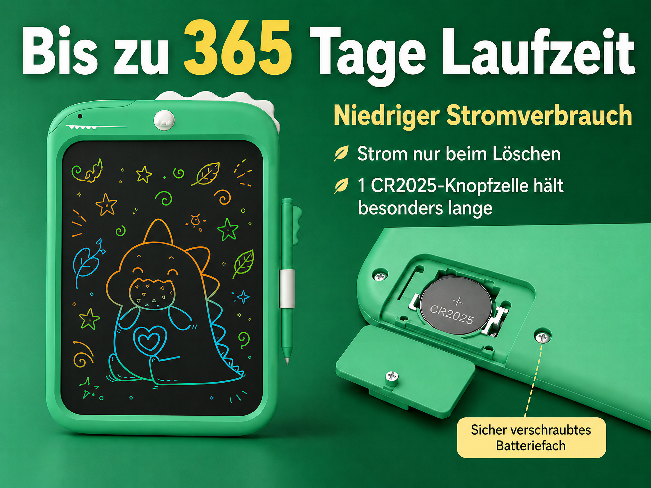 Grünes Kinder-Tablet mit Dino-Zeichnung, Stift und offener Batterieabdeckung mit CR2025-Batterie.