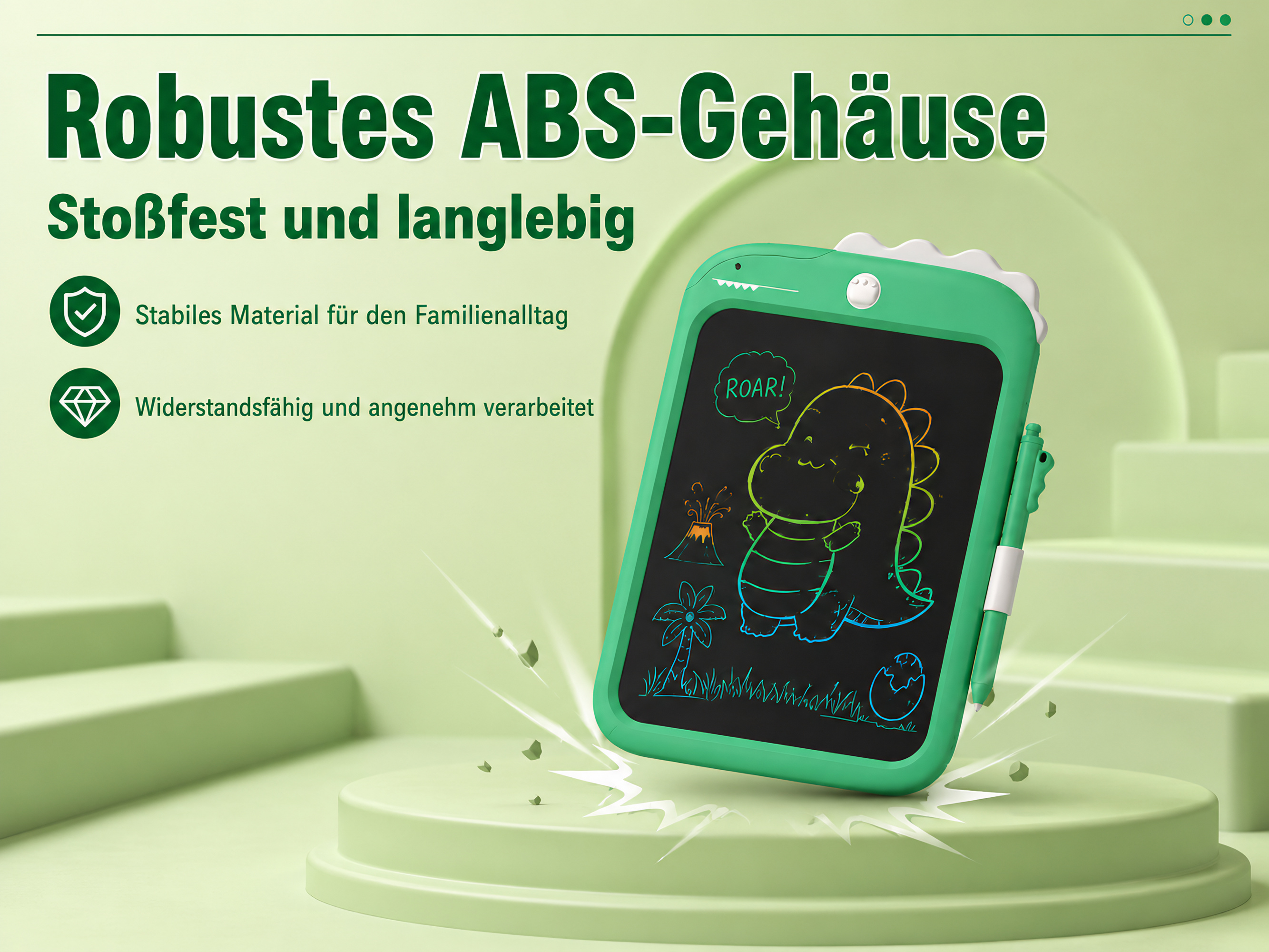 Grünes LCD-Schreibtablett mit Dinosaurierzeichnung, auf einem Sockel.