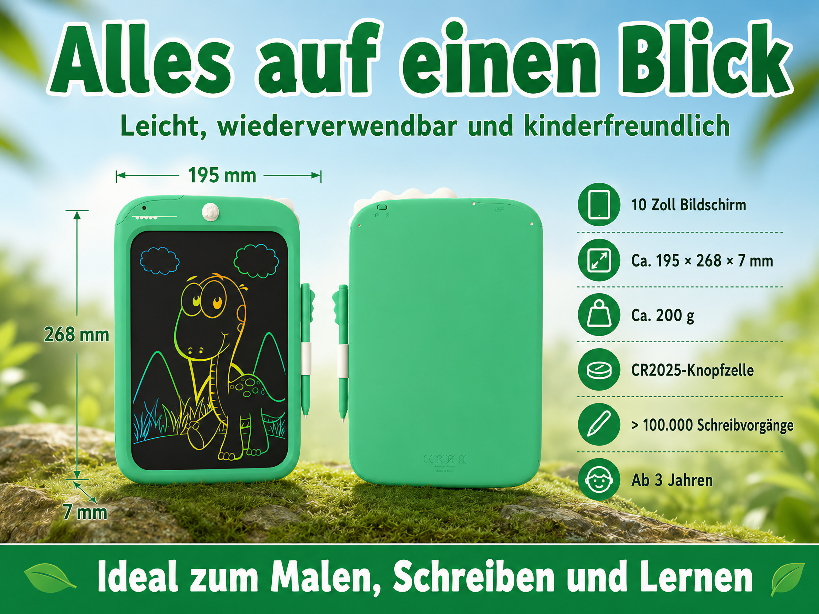 Grünes LCD-Schreibtablett mit Dino-Zeichnung, Stiften und Spezifikationen.