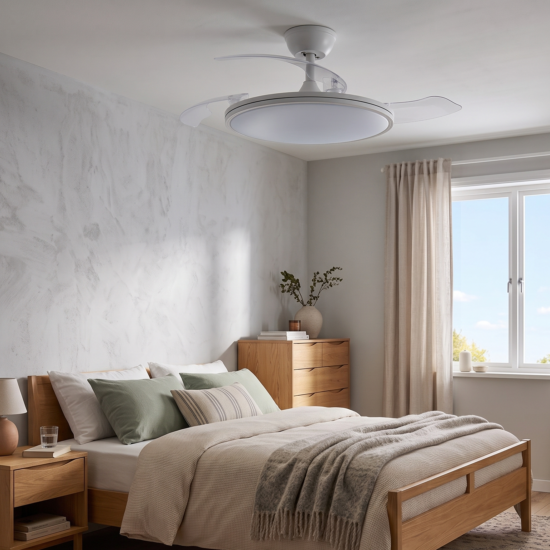 Cama de madera con edredón, almohadas, mesita de noche y cómoda en un dormitorio.