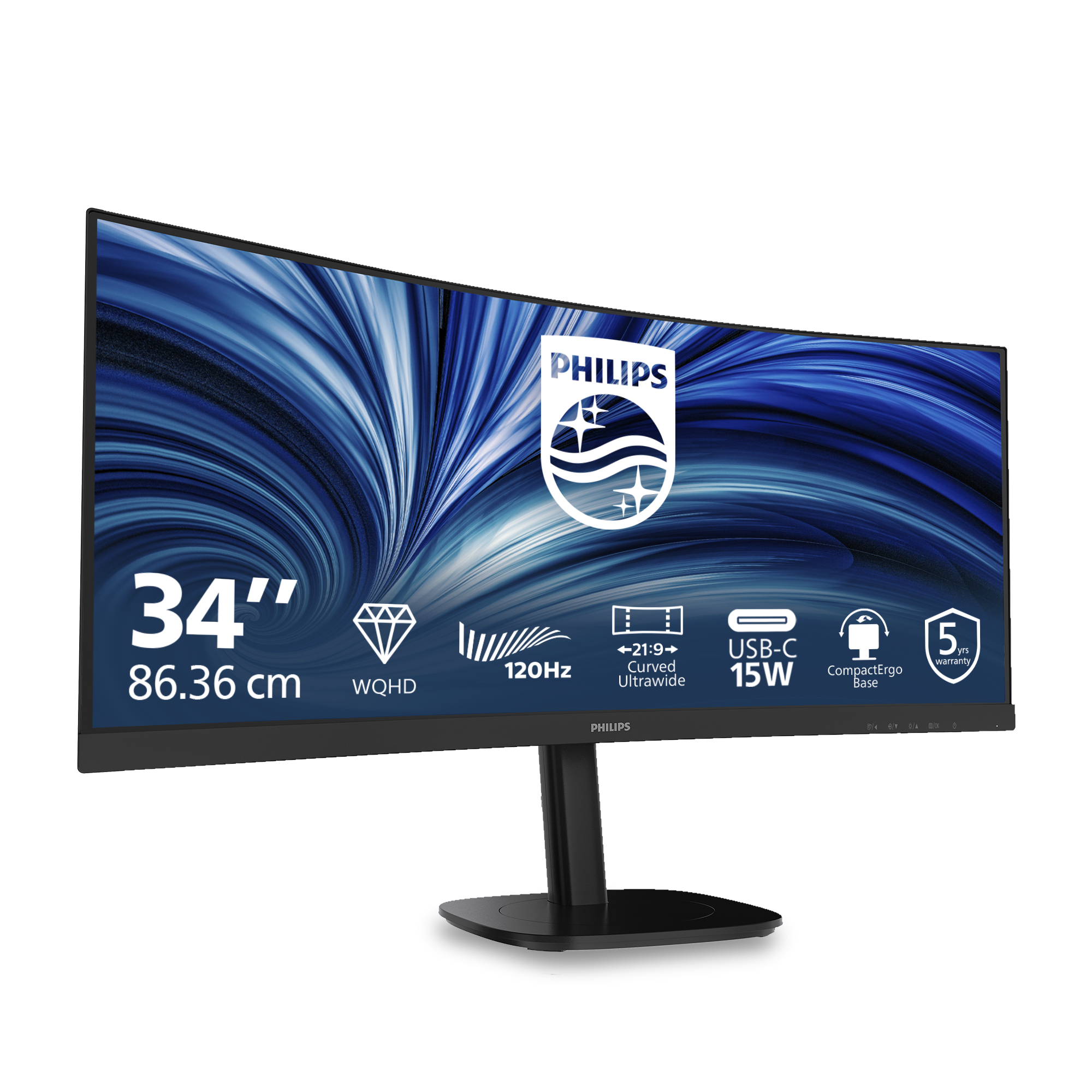 Un monitor ultrawide curvo Philips da 34 pollici con risoluzione WQHD e 120Hz.