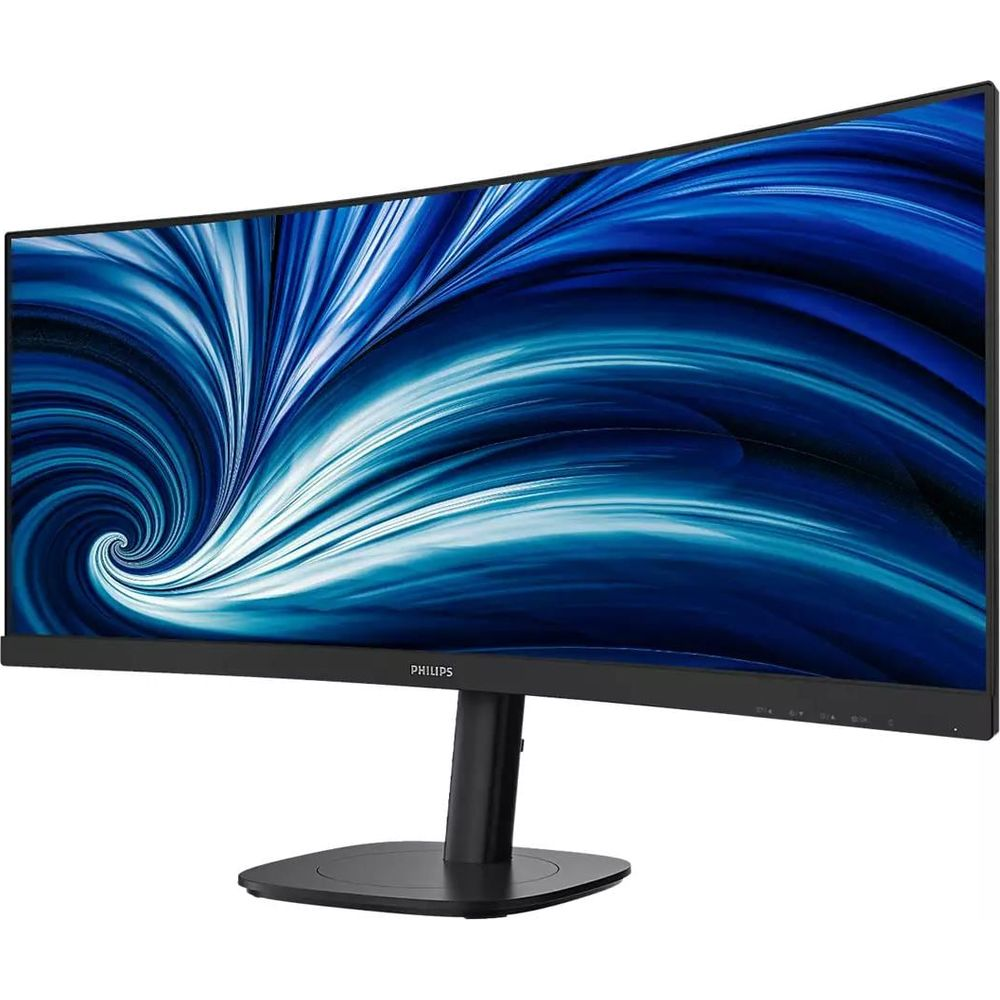 Monitor curvo Philips con onde astratte blu e bianche sullo schermo.