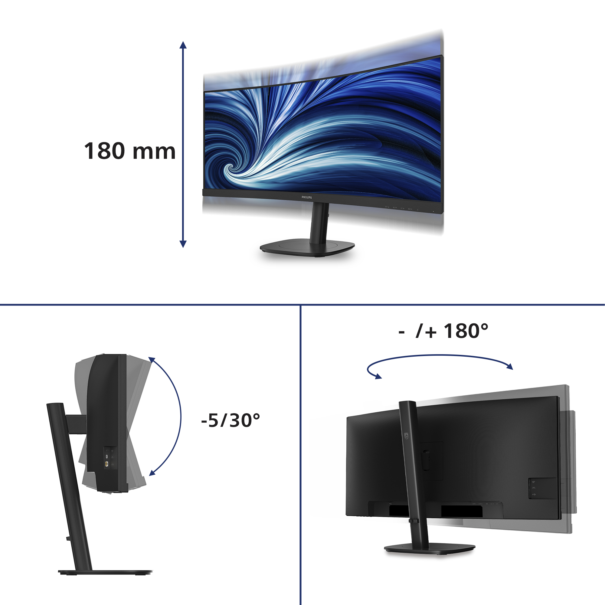 Monitor curvo Philips su supporto. Mostra altezza e angoli di inclinazione.