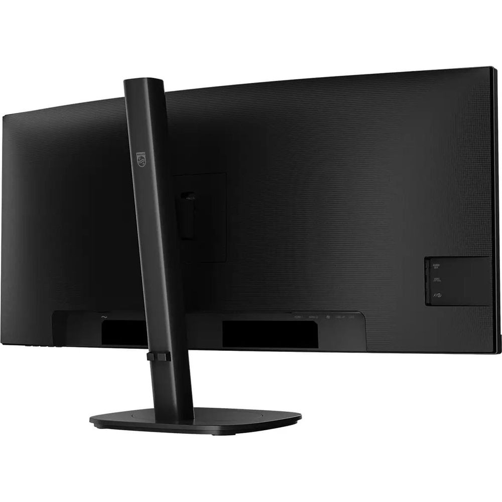 Vista posteriore di un monitor nero con supporto e porte.