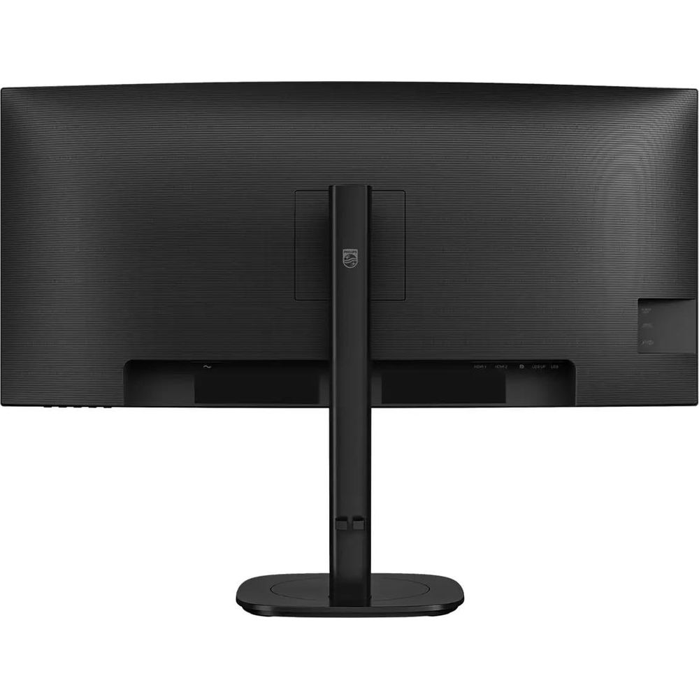 Retro di un monitor nero con supporto e porte.