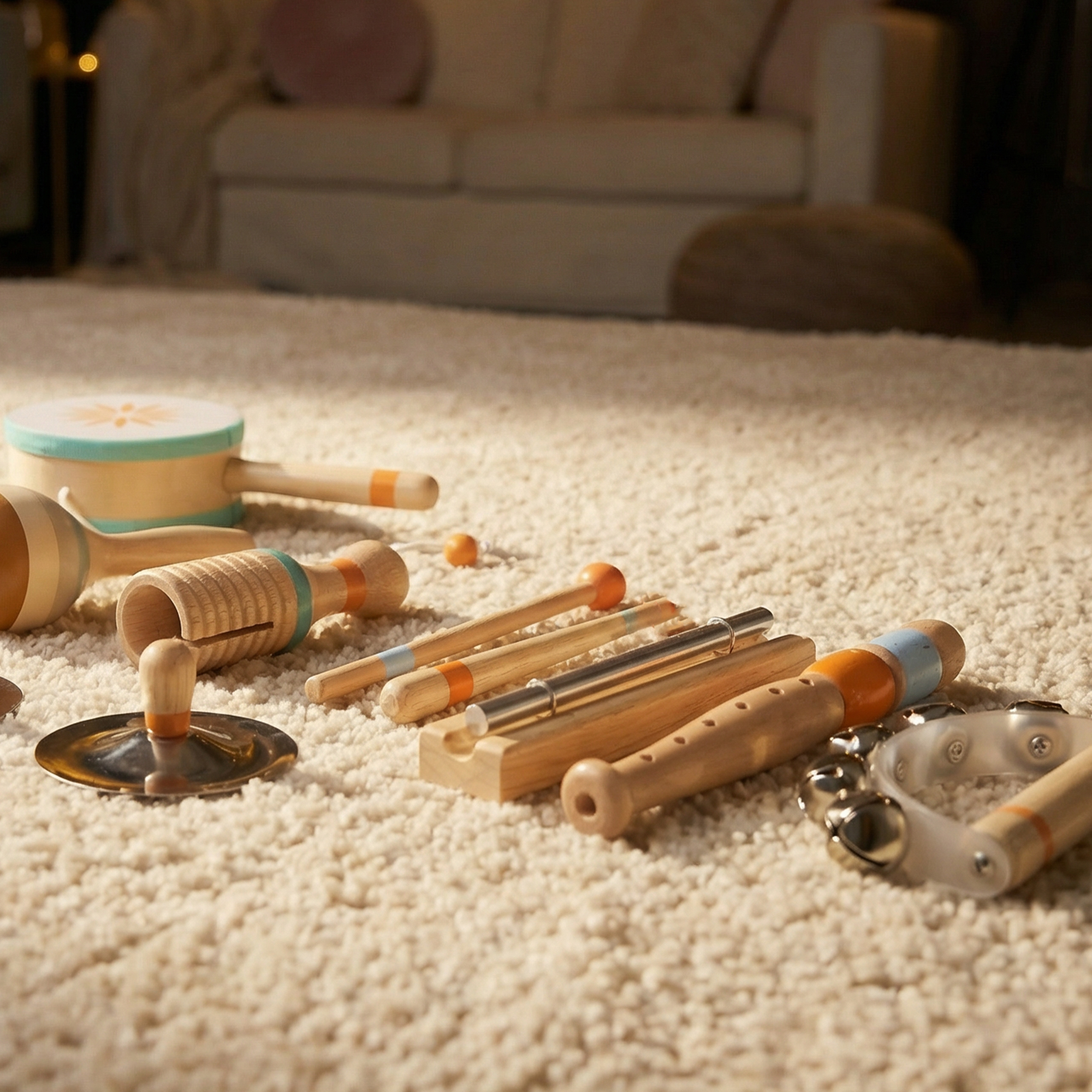 Strumenti musicali giocattolo in legno: tamburo, maracas, shaker e campanelli su tappeto.