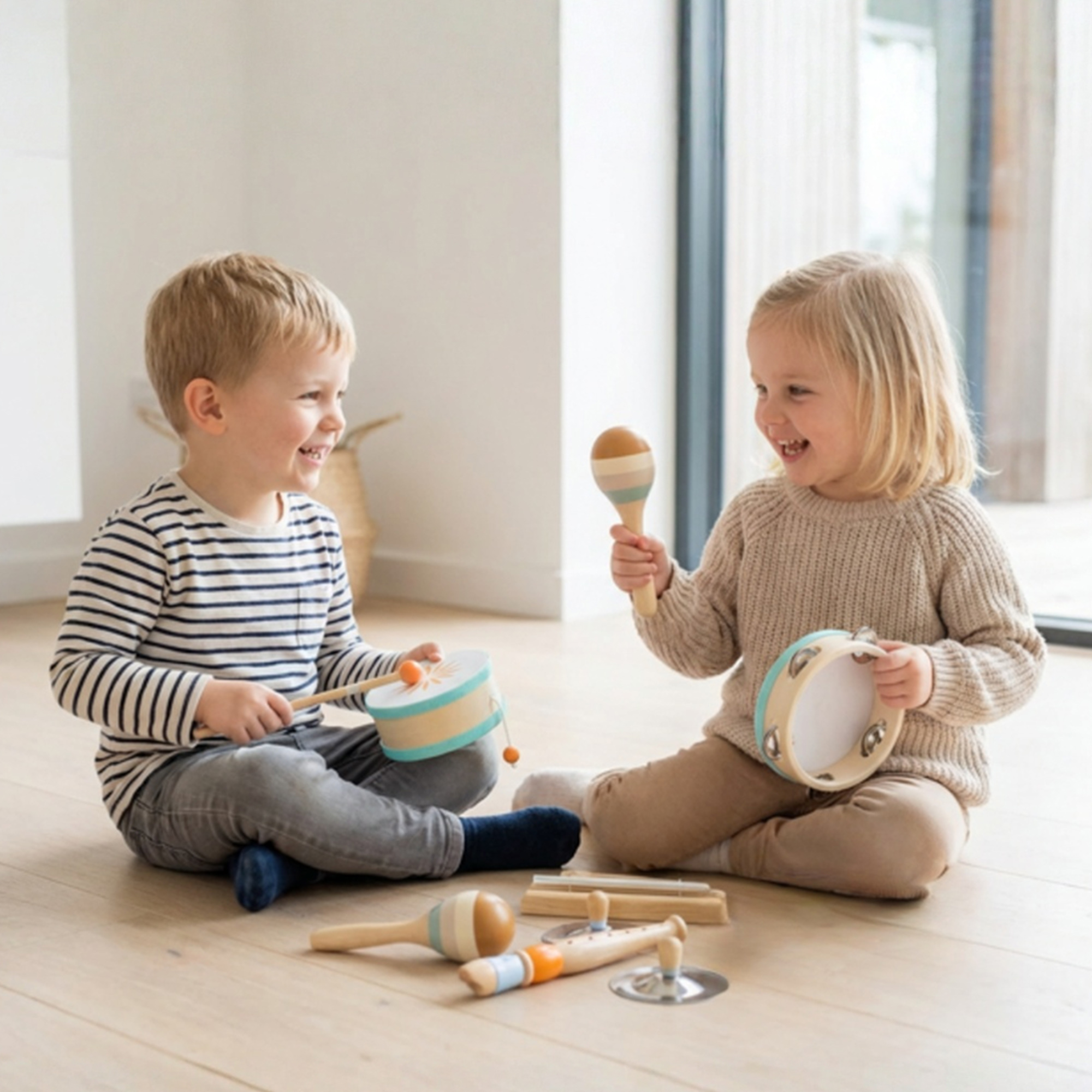 Due bambini giocano con strumenti musicali in legno su un pavimento di legno.