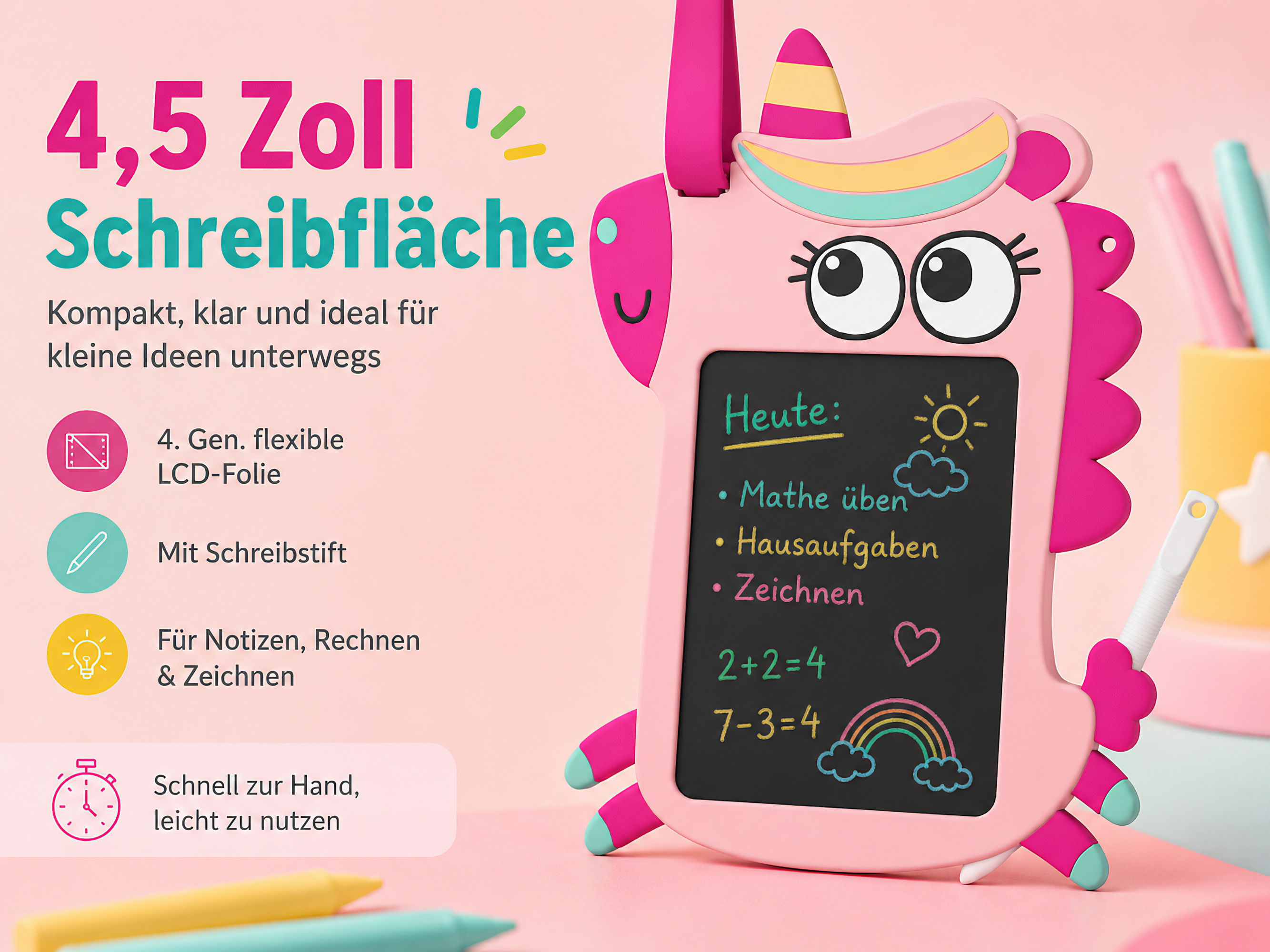 Ein rosa Einhorn-LCD-Schreibtablett für Kinder mit Liste, Mathe und Regenbogen.