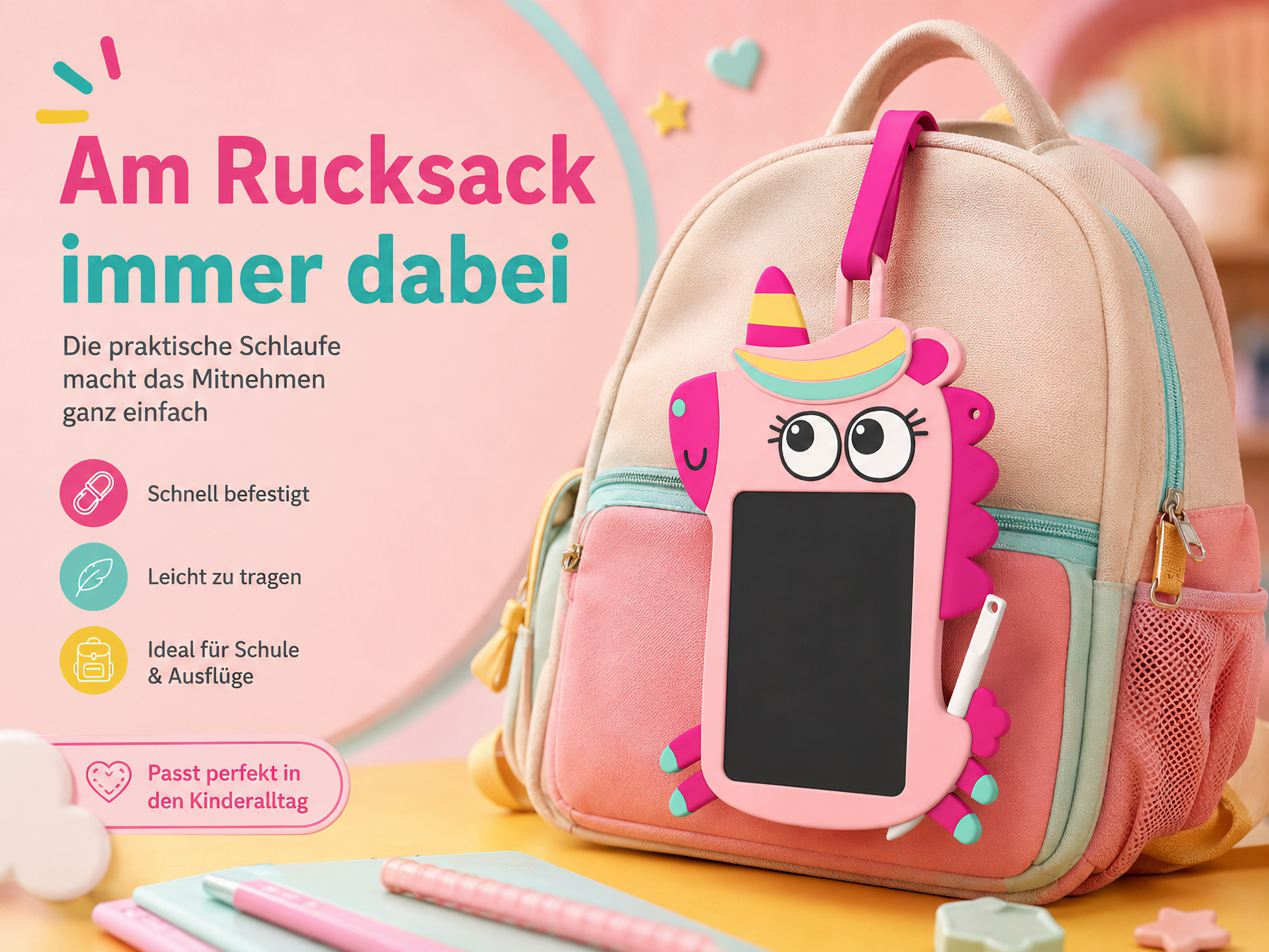 Ein pinkes Einhorn-Display hängt an einem Rucksack. Text links.